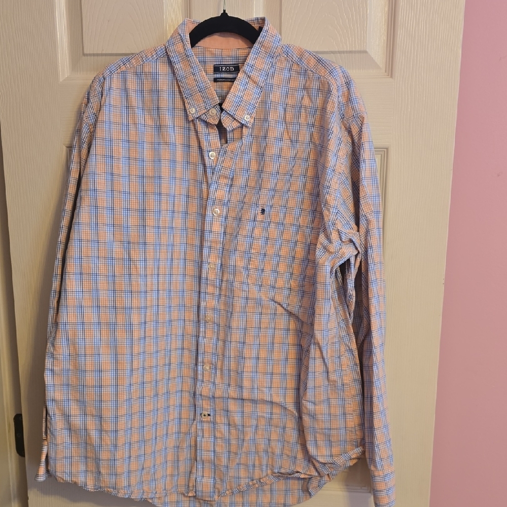 Izod Men's Vibrant Orange and Blue Plaid Shirt